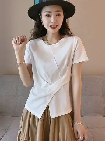 欧洲站2023夏季新款纯色T恤女设计感小众显瘦开叉短袖t恤女上衣潮图片