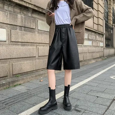 黑色皮短裤女秋冬季2023新款pu皮裤a字高腰显瘦阔腿五分裤皮中裤商品大图