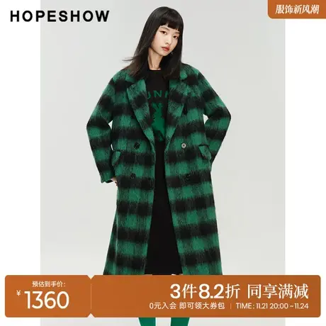 红袖outlets格纹翻领双面呢大衣hopeshow2023冬款绿格长款外套女商品大图