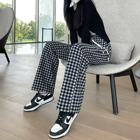 棋盘格阔腿裤女2023年春秋新款高腰直筒宽松显瘦休闲黑白格子裤潮图片