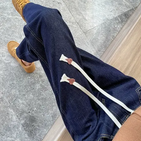 哈伦牛仔裤女春秋2024年新款高腰直筒宽松显瘦百搭九分深蓝老爹裤图片