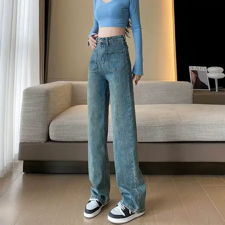 高腰直筒牛仔裤女秋季新款美式复古宽松显瘦垂感休闲拖地阔腿裤子商品大图