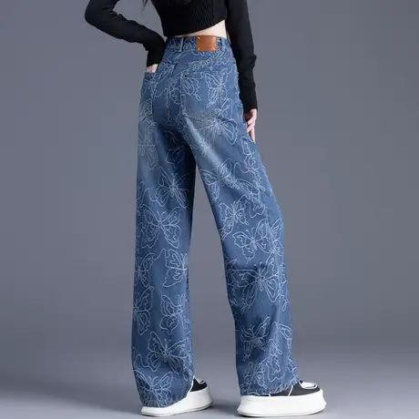 提花牛仔裤女春秋季新款2025爆款裤子直筒阔腿裤女士长裤宽松裤子商品大图