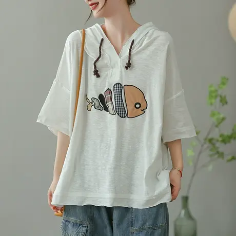 dza白色连帽短袖T恤女2023夏季薄款纯棉打底体恤休闲宽松套头上衣商品大图