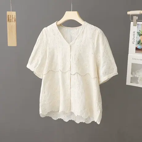 2024夏季新款蕾丝花边衬衫女短袖上衣法式洋气衬衣小个子衬衣宽松图片