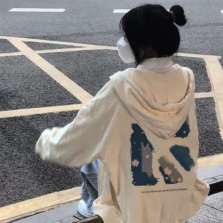 vintage美式连帽卫衣女秋奶系薄款拉链开衫外套ins潮宽松落肩上衣商品大图