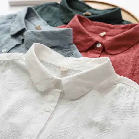 女士镂空提花白衬衫 宽松百搭 纯棉娃娃领衬衣灯笼长袖春秋季女装商品大图