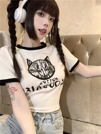 2024夏季短袖T恤女小众设计感拼接撞色短款辣妹纯欲上衣打底衫潮图片