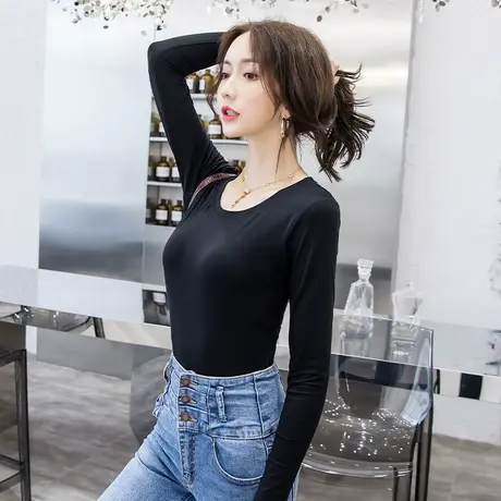 黑色长袖t恤女装2023春秋新款打底衫女内搭圆v领修身百搭薄款上衣图片