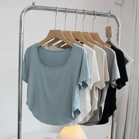 柔软短款莫代尔t恤女夏季修身显瘦露锁骨方领短袖舞蹈服瑜伽上衣商品大图