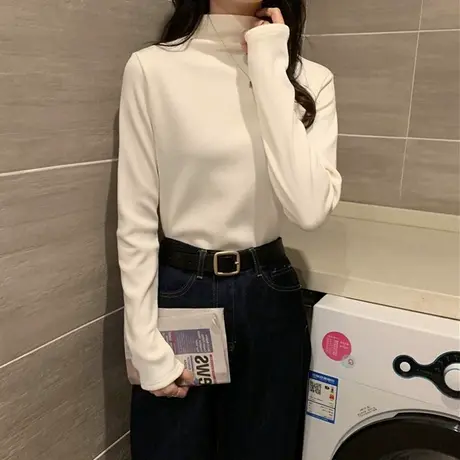 2024新款春秋冬半高领加绒洋气打底衫内搭白色德绒长袖t恤女上衣图片
