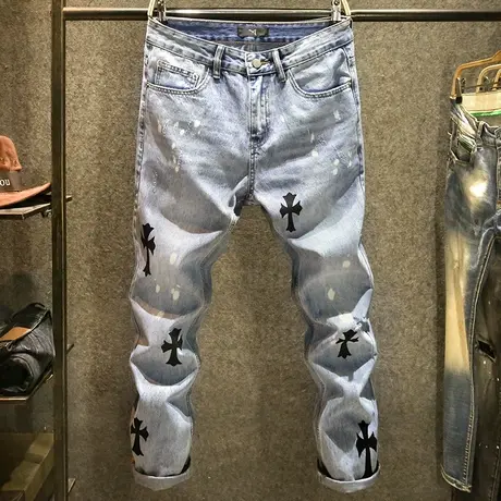 高街ins潮牌浅色牛仔裤男士2024新款春季十字架印花宽松直筒长裤商品大图