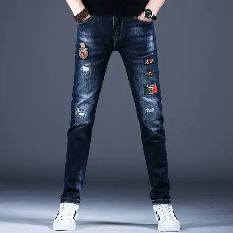 男士轻奢潮牌破洞刺绣牛仔裤男款修身小脚裤子2023新款休闲裤高端商品大图