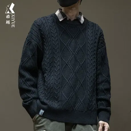 春季潮流设计感麻花毛衣男圆领潮流粗线衣男士宽松大码春秋针织衫商品大图