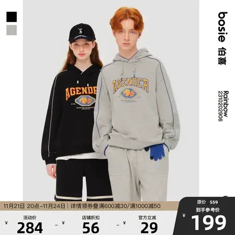 bosie春秋季情侣卫衣男连帽套头立体刺绣印花复古运动美式卫衣图片