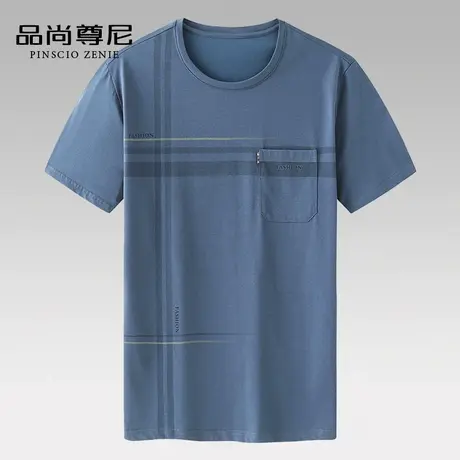 男士体恤丝光棉不对称格纹印花带口袋爸爸短袖t恤宽松中老年夏装图片