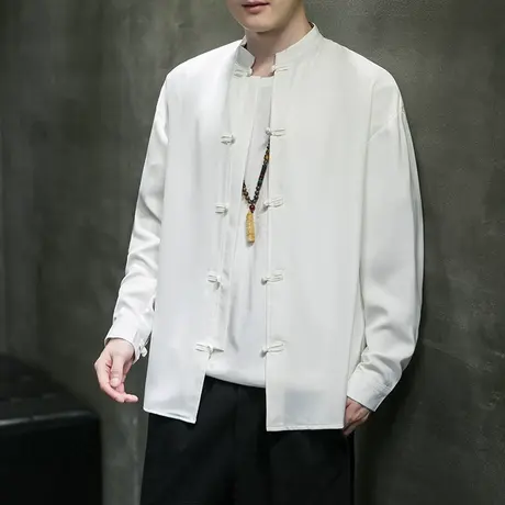 中国风2023秋季男衬衫亮面缎纹复古盘扣男装长袖上衣活动主持服装图片
