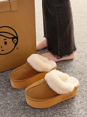 欧洲站爆款羊毛毛鞋包头室外穿厚底雪地棉半拖鞋小个子高跟鞋女鞋商品大图