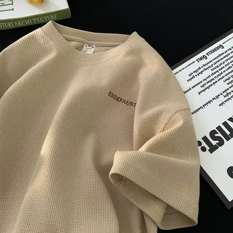 华夫格短袖t恤男夏季2023新款潮牌半袖上衣宽松休闲五分袖体恤衫商品大图