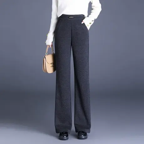 灰色筒喇裤休闲裤女秋冬2023新款高腰显瘦羊毛呢长裤通勤微喇裤厚商品大图