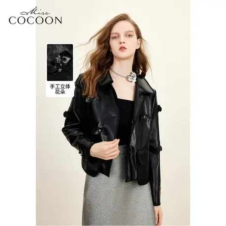missCOCOON美式复古PU皮夹克女2023秋季新款仿羊皮机车皮衣外套冬图片