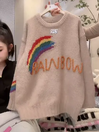 设计感撞色字母慵懒风彩虹针织衫女韩版气质百搭套头圆领宽松毛衣图片