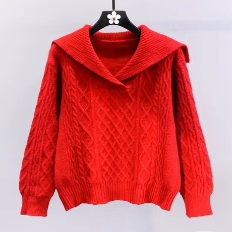 日系学院风海军领红色毛衣女冬季2023新款小个子短款套头针织上衣商品大图