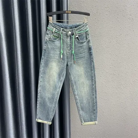 欧货浅蓝色牛仔老爹裤女2024春季新款高腰减龄显瘦百搭哈伦裤长裤商品大图