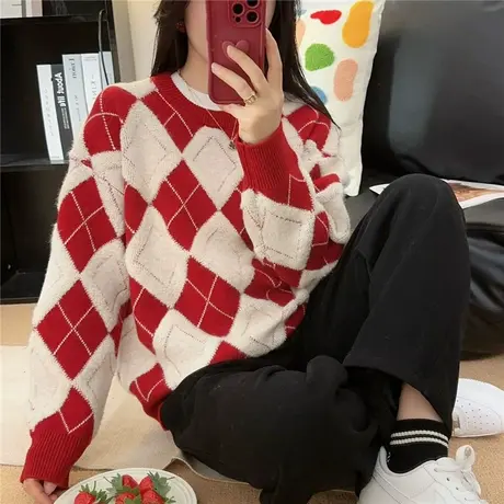 秋冬新款菱形红色毛衣女外穿爆款时尚慵懒风加厚针织打底衫上衣女图片
