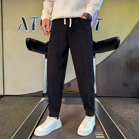 冬季灯芯绒男裤纯色宽松直筒加绒休闲裤2023纯色潮牌加厚哈伦长裤商品大图