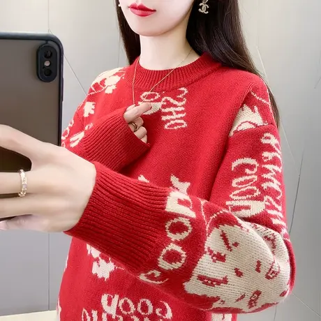 本命年龙年红色毛衣女冬装2023新款慵懒风宽松加厚针织打底衫洋气商品大图