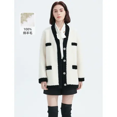 朗姿纯羊毛法式V领小香风气质年冬季新款皮草女慵懒风图片