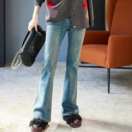 宝诗黎高腰加绒微喇牛仔裤2024春季新款棉质时尚休闲长裤韩版百搭商品大图