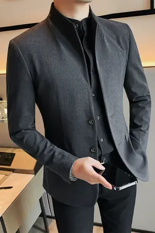 男立领小西装痞帅中山装修身休闲西服外套高级感商务休闲礼服夹克商品大图