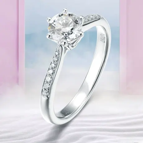 珂兰 白18K金钻石戒指经典六爪钻戒20分30分戒壁镶钻结婚求婚戒女商品大图