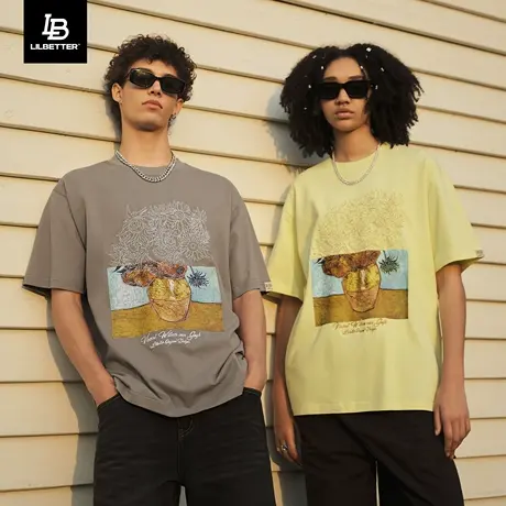 Lilbetter文森特梵高联名向日葵t恤短袖男刺绣体恤2024新款情侣装商品大图