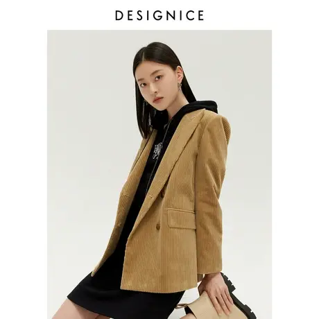 迪赛尼斯春秋通勤风长袖小西服春秋卡其色灯芯绒西装外套女商品大图