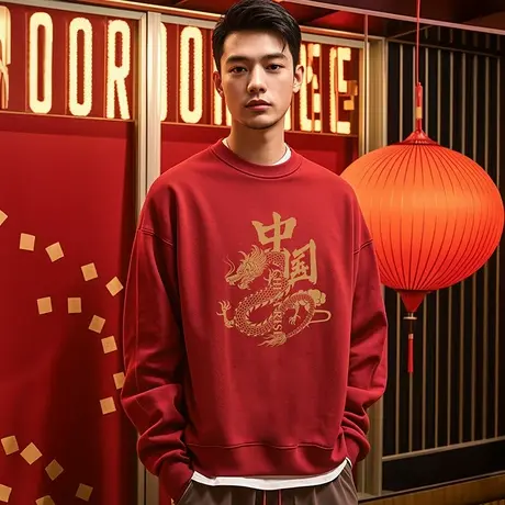 冬季加绒圆领衣服国潮龙年新春本命年红色情侣新年宽松大码卫衣男图片