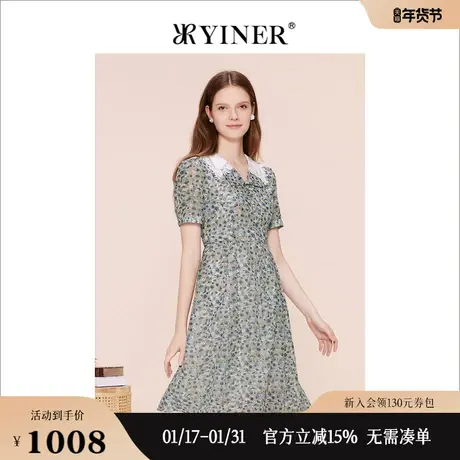 YINER音儿专选女装夏季撞色蕾丝翻领碎花收腰连衣裙图片
