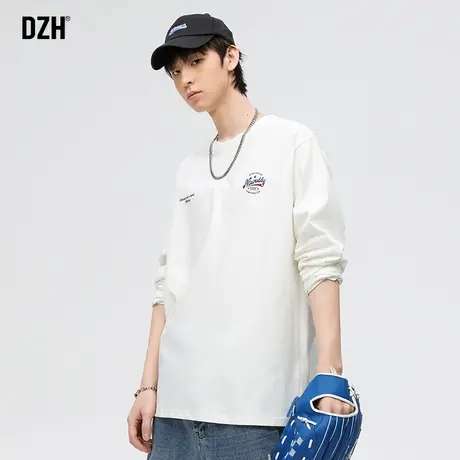 男生米白色长袖t恤男纯棉圆领2024年新款春季印花上衣宽松打底衫商品大图