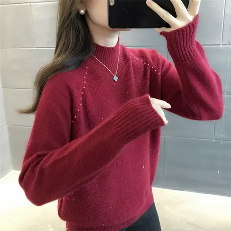 半高领毛衣女套头内搭打底秋冬新款钉珠亮片外穿洋气红色针织毛衣图片