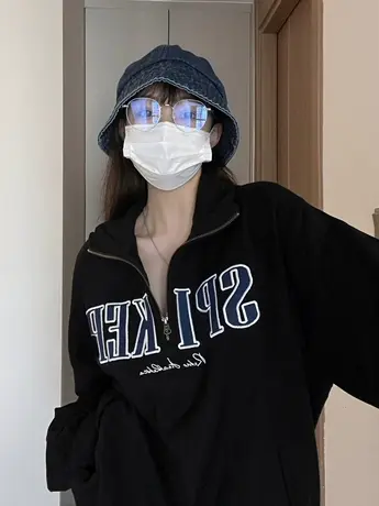 polo翻领卫衣女春秋慵懒风宽松oversize刺绣字母复古美式长袖上衣商品大图