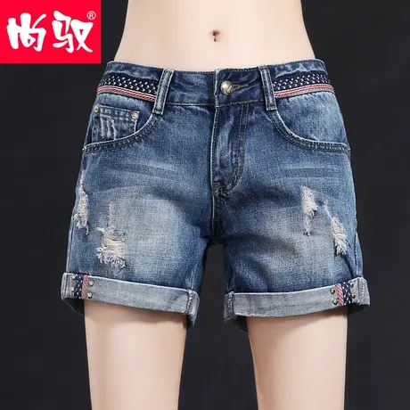 尚驭蓝色牛仔短裤女2023年夏季薄款宽松显瘦大码破洞卷边直筒热裤商品大图