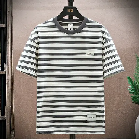 条纹短袖夏季重磅圆领宽松男生T恤潮流百搭休闲男士纯棉上衣潮牌商品大图