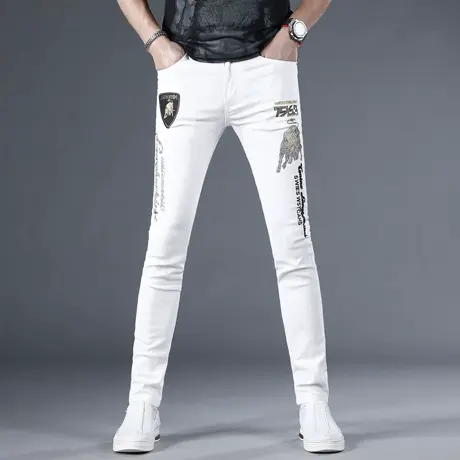 高端白色烫钻牛仔裤男款修身小脚夏季2024新款潮牌弹力男士裤子薄商品大图