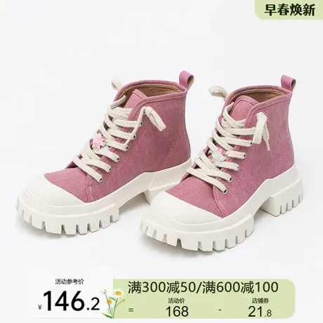 KEIKO 气质减龄高帮帆布鞋女2024春季休闲系带松糕厚底短筒马丁靴商品大图