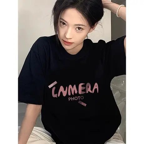 潮牌欧货新款黑色纯棉短袖T恤女2024年夏装宽松打底正肩内搭上衣商品大图