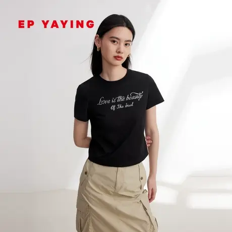 EP YAYING雅莹女装 纯棉字母烫钻修身短袖t恤 2024早春新款5327A图片