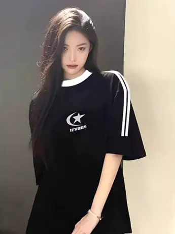 国潮牌美式复古三条杠插肩短袖t恤女夏季纯棉宽松韩系半袖上衣服图片