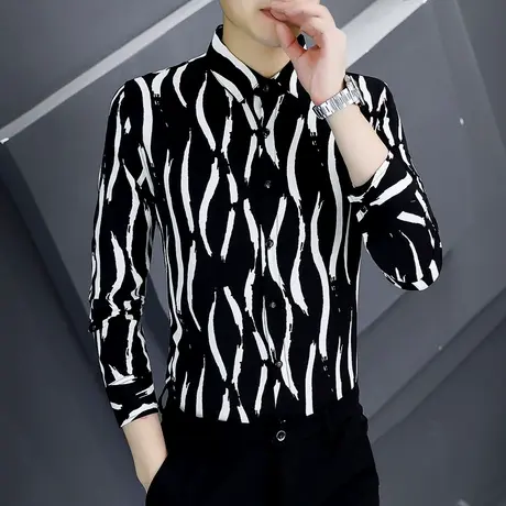 时尚男装休闲长袖衬衫春秋季潮流印花寸衫ins韩版修身帅气衬衣男商品大图